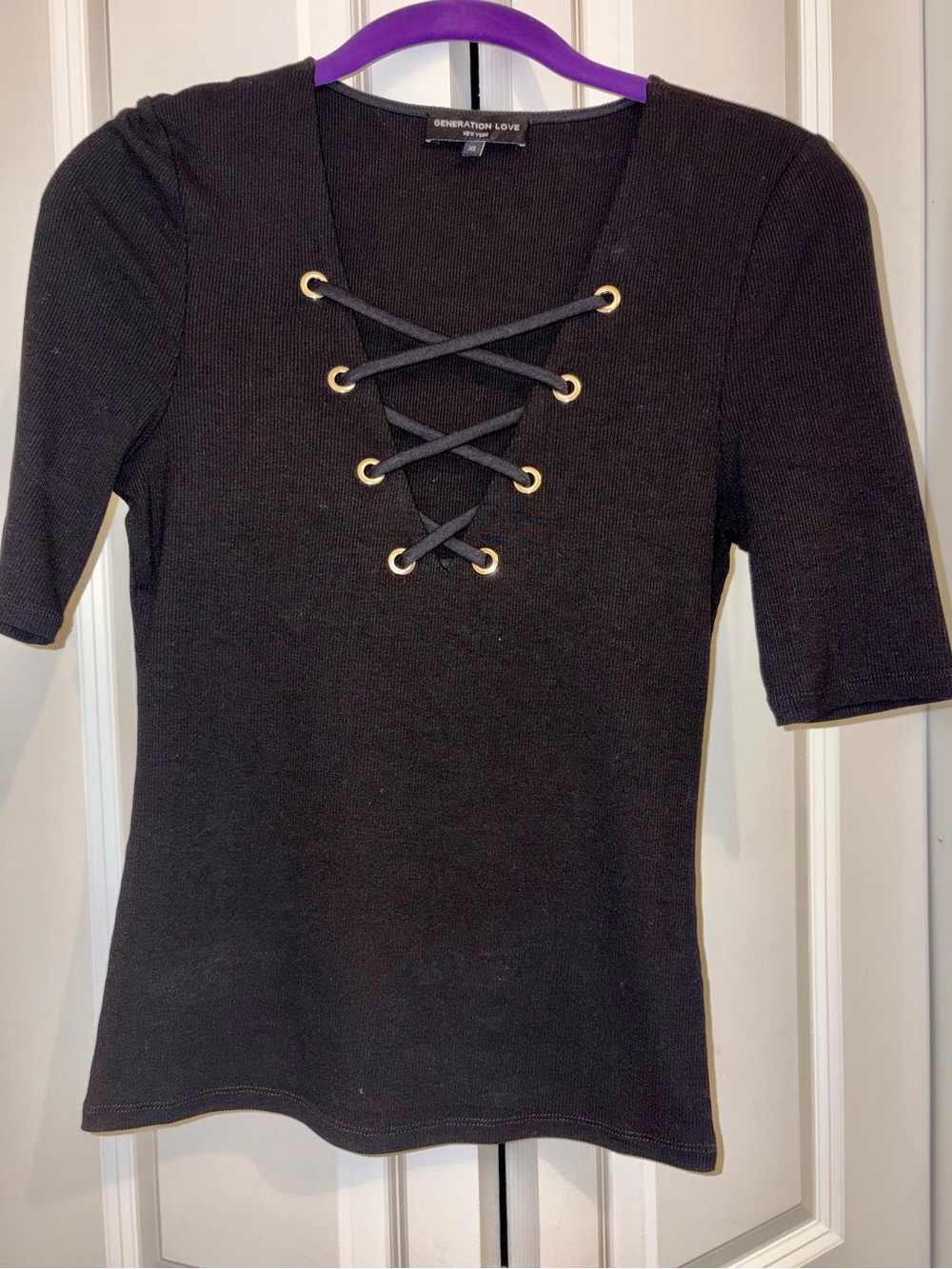 Generation Love Black Lace-Up Ribbed Short Sleeve Top